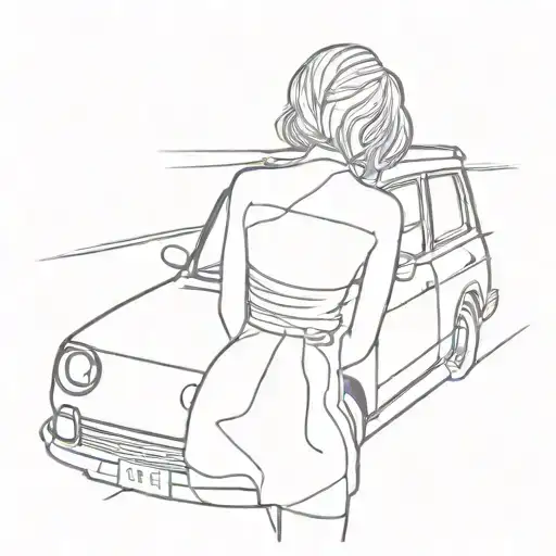 A Lot Of Lines In An Aesthetic Way And The Torso Of A Woman In A Skirt Leaning On A Car