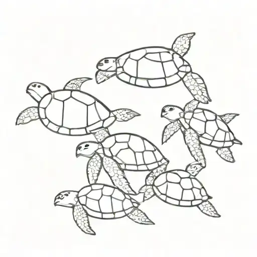 A Minimalist Design Of A Family Of Sea Turtles Swimming Together In The Ocean
