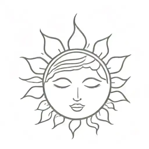 Sun With A Thin Outline With A Face With Closed Eyes And Hearts On The Cheeks Minimalistic