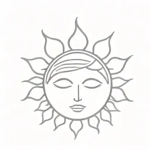 Sun With A Thin Outline With A Face With Closed Eyes And Hearts On The Cheeks Minimalistic