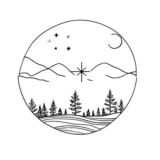 Fine Line Nature Scene At Night With Single North Star And Crescent Moon