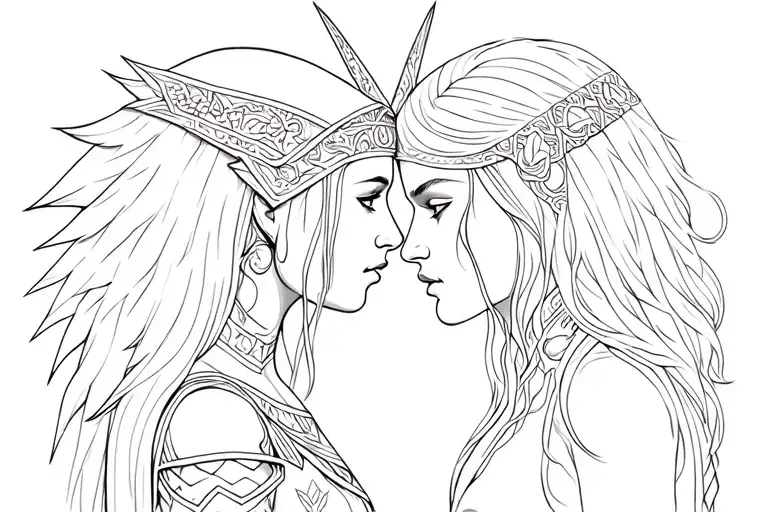 Valkyrie And Viking Entwined Looking