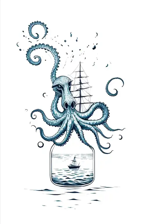 Kraken Emerging From The Depths And Grabbing A Ship In A Bottle