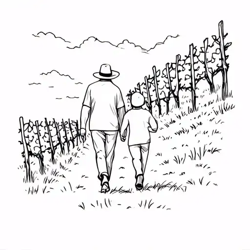 Grandfather And Grandson Walking Near A Vineyard