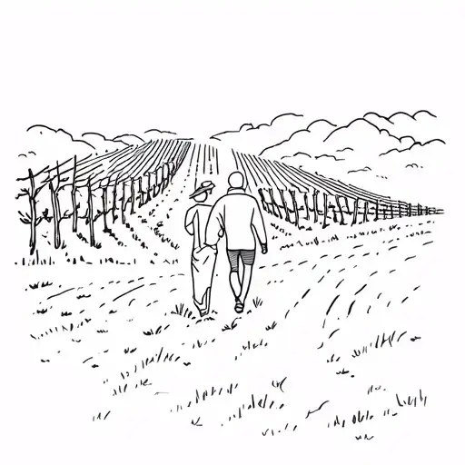 Grandfather And Grandson Walking Near A Vineyard