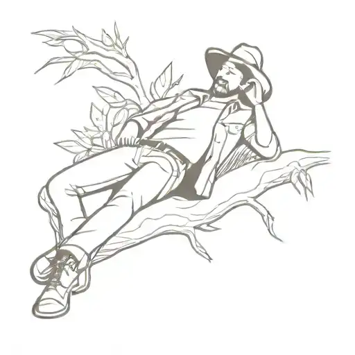 Cowboy Sleeping With His Legs Crossed Under A Tree And A Cigarete In His Mouth