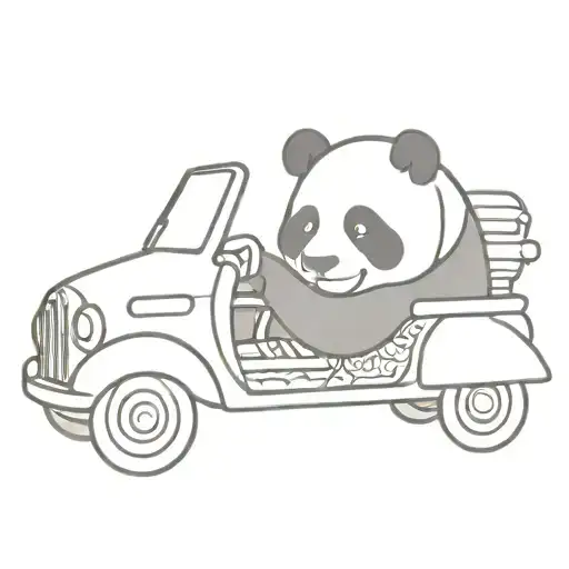 A Tattoo Design Of A Panda Driving A Convertible Car With Tattoo-inspired Patterns On The Car Body