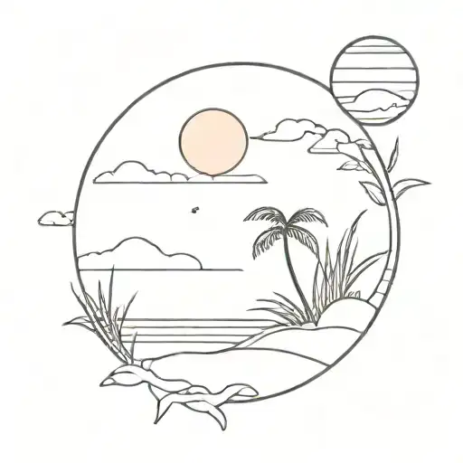 A Minimalist Tattoo Of A Beach Scene With A Sun Setting Over The Ocean