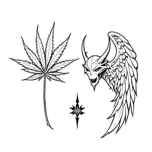 Two Marijuan Leaves Stand Next To One Demon And The Other Angel