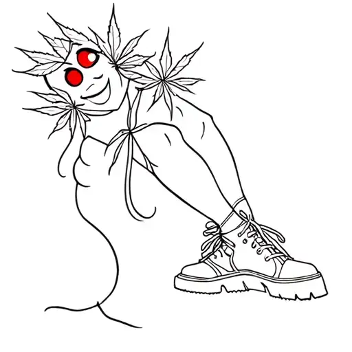 Marijuianna Leaf In Steep Shoes With A Smile On Her Face And Red Eyes