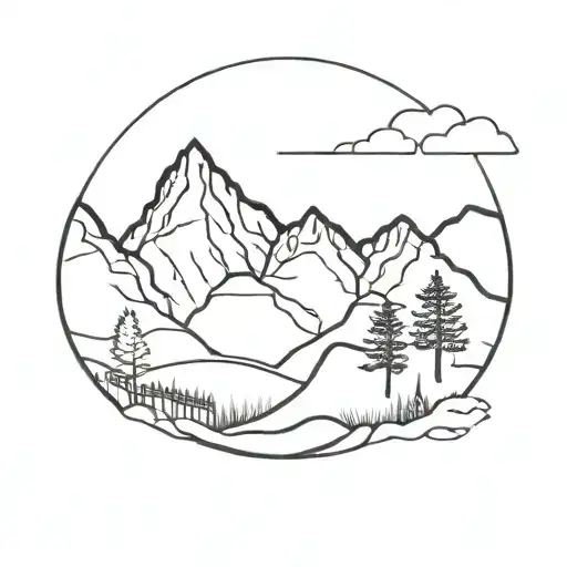 A Blackwork Tattoo Of A Mountain Range With A Whiskey Barrel Rolling Down The Slope
