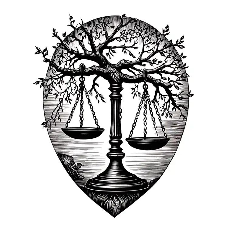 Scale Of Justice Incorporating A Tree Branch