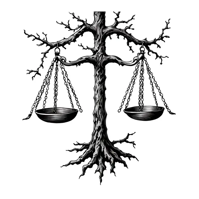 Scale Of Justice Incorporating A Tree Branch