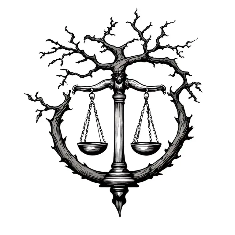 Scale Of Justice Incorporating A Tree Branch
