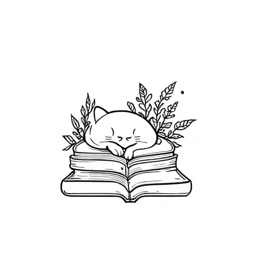 Sleeping Cat On Books With Plants Intertwined