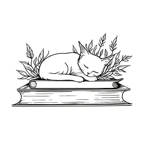Sleeping Cat On Books With Plants Intertwined