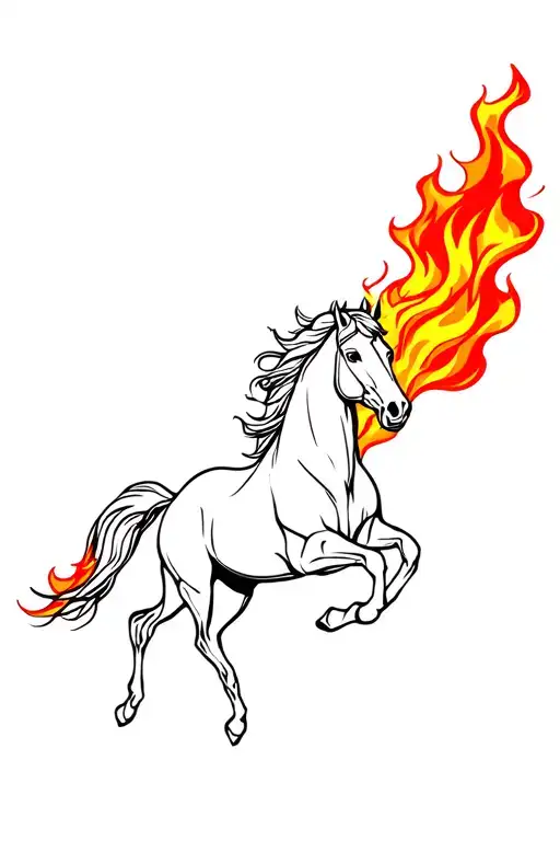 Galoping Horse Running With Fire Or Flames Coming Together