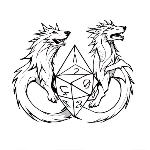 Wolf And Dragon Intertwined Around A Dnd D20 Dice Rolling