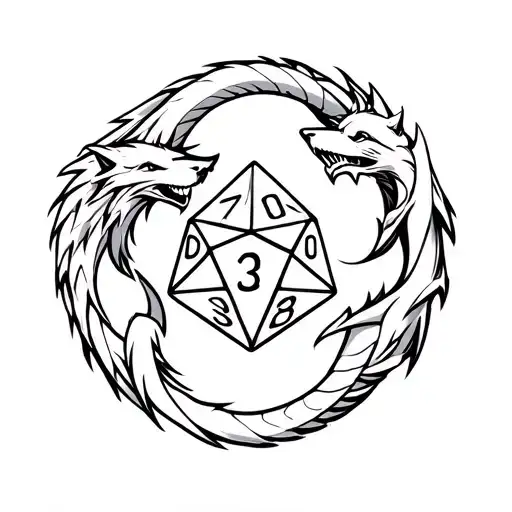 Wolf And Dragon Intertwined Around A Dnd D20 Dice Rolling