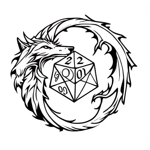 Wolf And Dragon Intertwined Around A Dnd D20 Dice Rolling