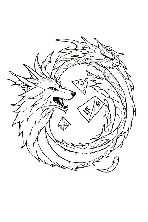 Wolf And Dragon Intertwined Around Dnd D20 Dice Rolling