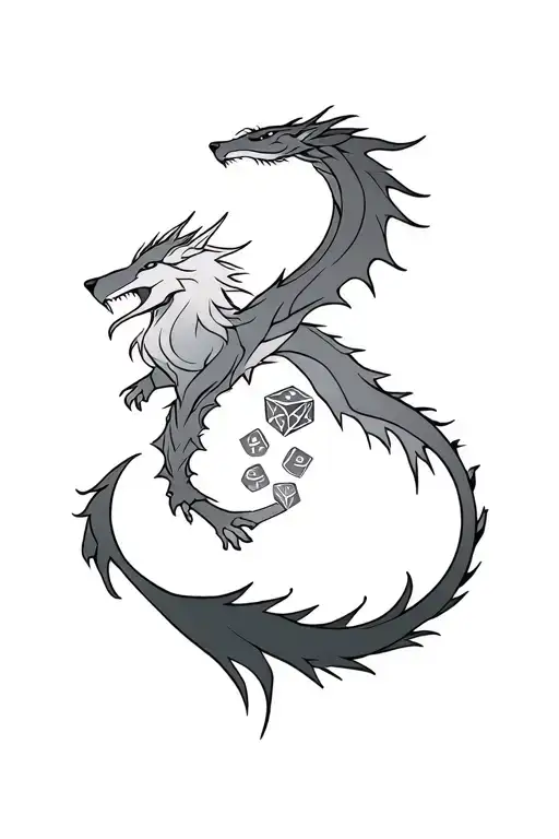 Wolf And Dragon Intertwined Around Dnd D20 Dice Rolling
