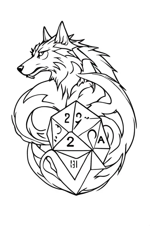 Wolf And Dragon Intertwined Around Dnd D20 Dice Rolling