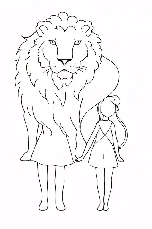 One Lion Line And Girl Passes Through Them