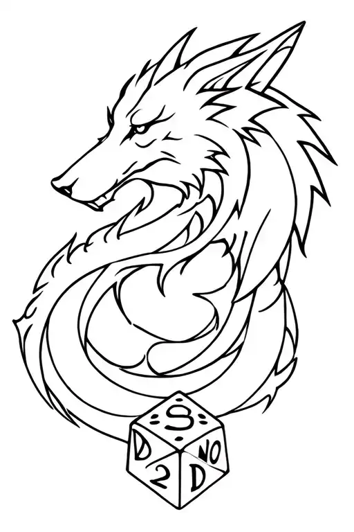 Wolf And Dragon Intertwined Around Dnd D20 Dice
