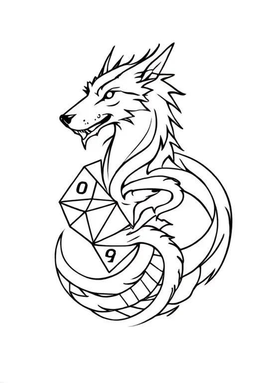 Wolf And Dragon Intertwined Around Dnd D20 Dice