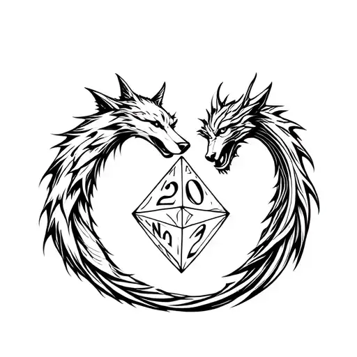 Wolf And Dragon Intertwined Around Dnd D20 Dice Intertwined