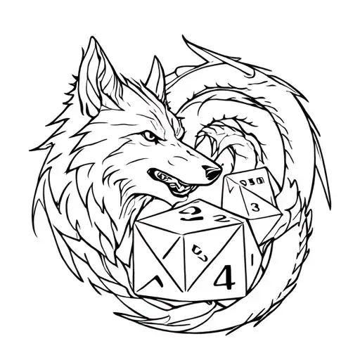 Wolf And Dragon Intertwined Around Dnd D20 Dice Intertwined
