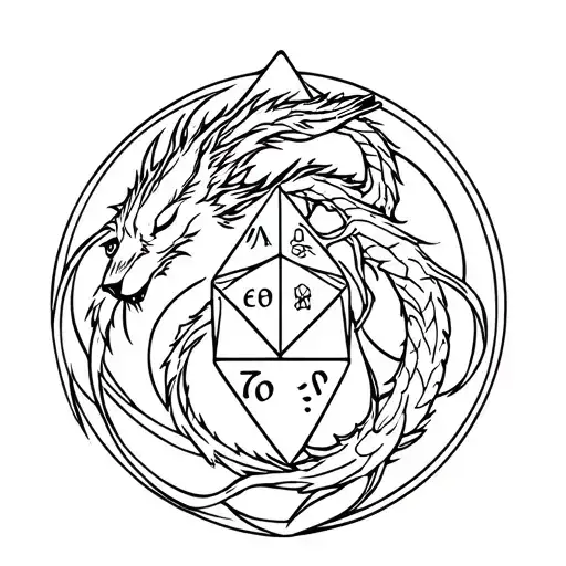 Wolf And Dragon Intertwined Around Dnd D20 Dice Intertwined