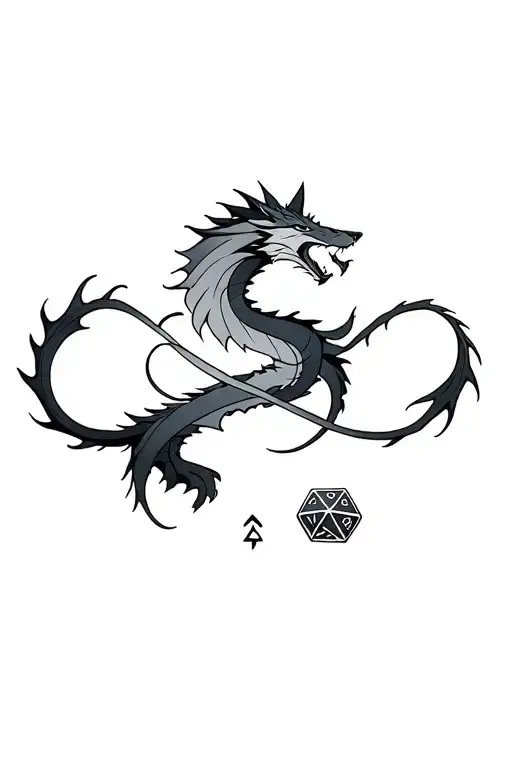 Wolf And Dragon Intertwined Around Dnd D20 Dice