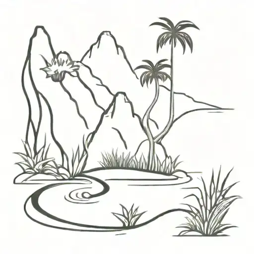 Winding River With Bromeliad Plants In Foregroud And Moutains At Background