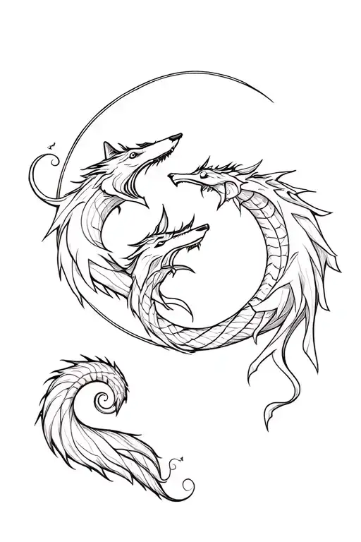 Wolf And Dragon Intertwined Around Moon