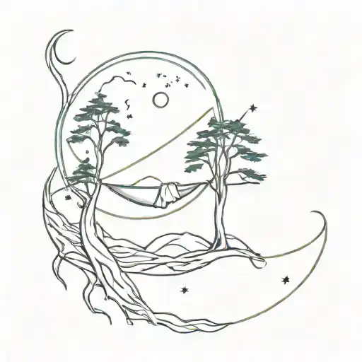 A Minimalist Tattoo Of A Moon With Hammock Or Trees