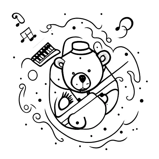 Small Bear Playing A Small Piano Drawn In A Children's Style