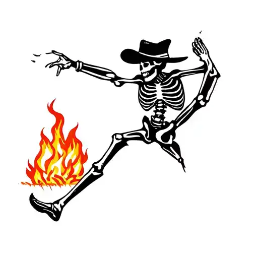 Minimalist Tattoo Design Featuring A Skeleton With A Cowboy Hat Dancing Around A Fire