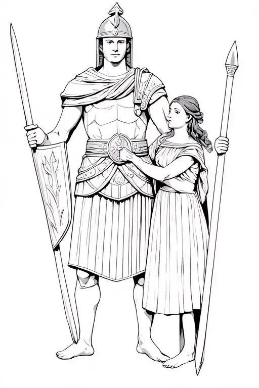 Roman Soldier Standing With A Shield Protecting A Girl Behind Him