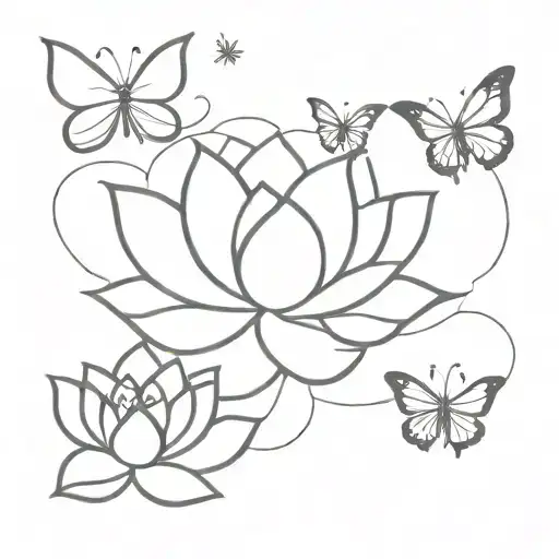 I Want A Black Outlined Tatoo With A Lotus Flower On Bottom With 10 Butterflys Flying Above It