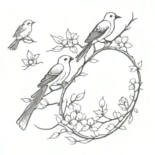 4 Birds Take Away On Cherry Tree Flowers Branch