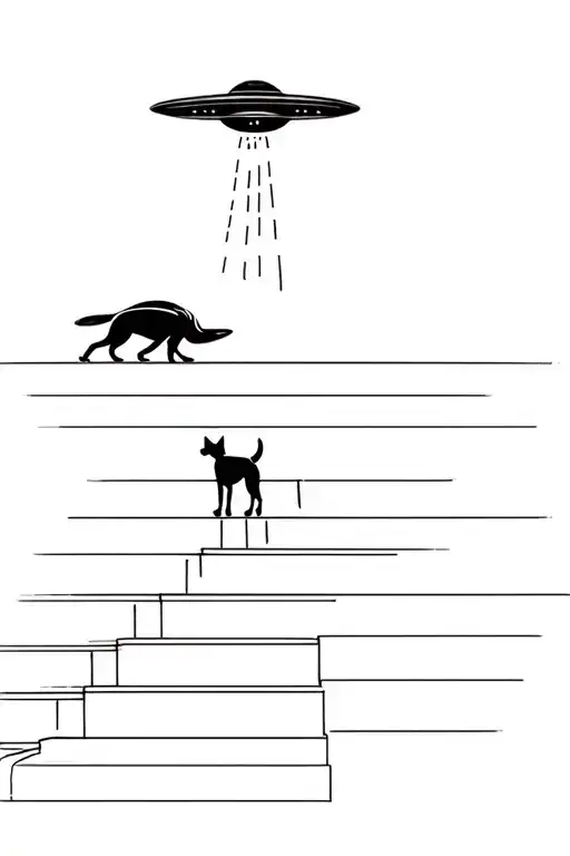 Ufo Beaming A Dog On Stairs