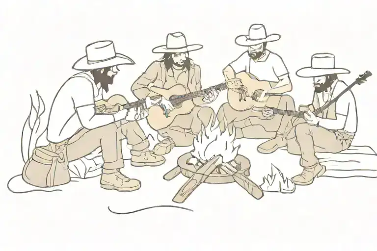 Cowboys Sat Around Campfire With Guitar