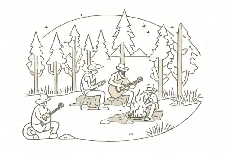 Cowboys Sat Around Trees And Campfire With One Guitar Hand Poke