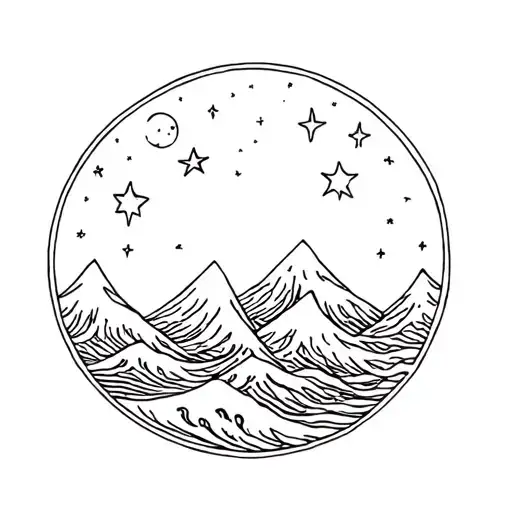 Waves Ocean Mountains Stars Moon Surrounded By Stars In A Circle