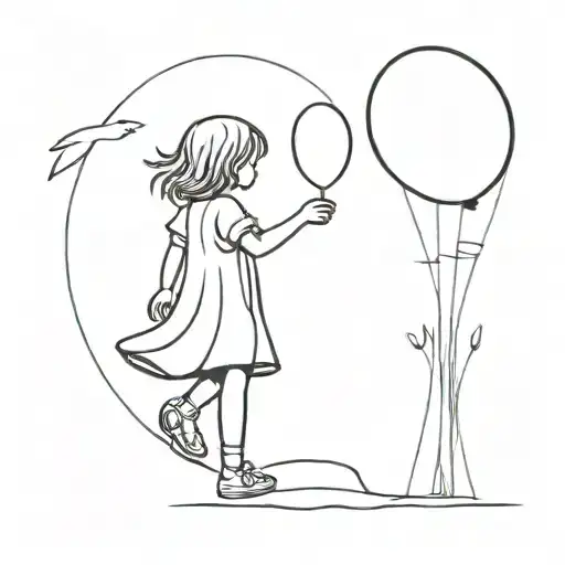 One Liner Little Girl In A Dress Standing On Her Toes Reaching For A Flying Balloon