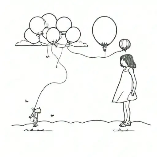 Sad Little Girl In A Dress Standing On Her Toes While Pointing Towards The Sky At A Flying Balloon