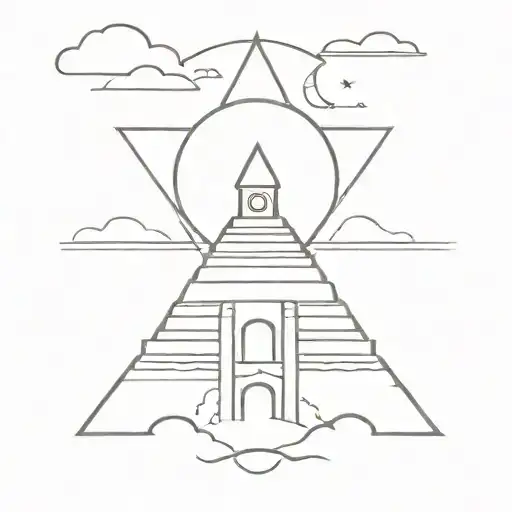 Abstract Simple Line Mayan Temple And Volcano