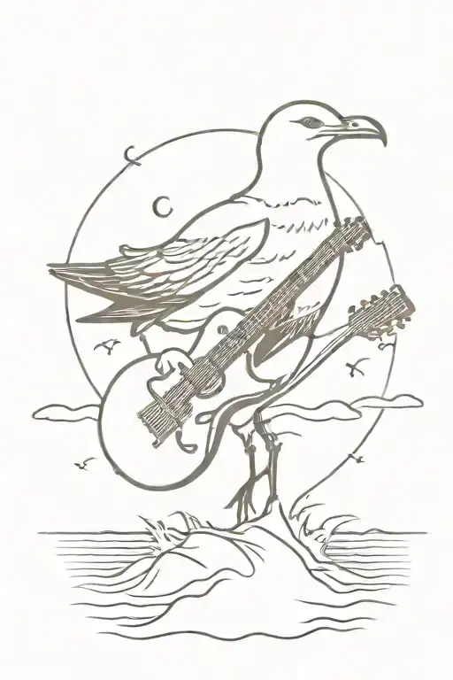 Seagull Playing Guitar On The Beach With The Sun Setting